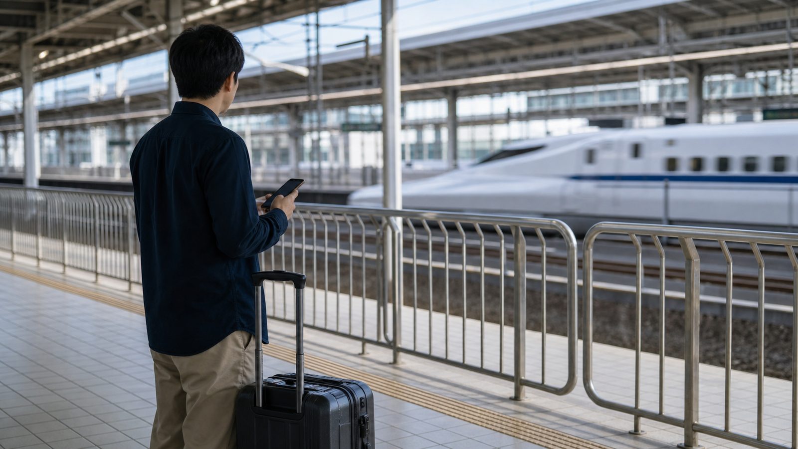 Traveler checking a phone beside a large suitcase after missing a Shinkansen reservation
