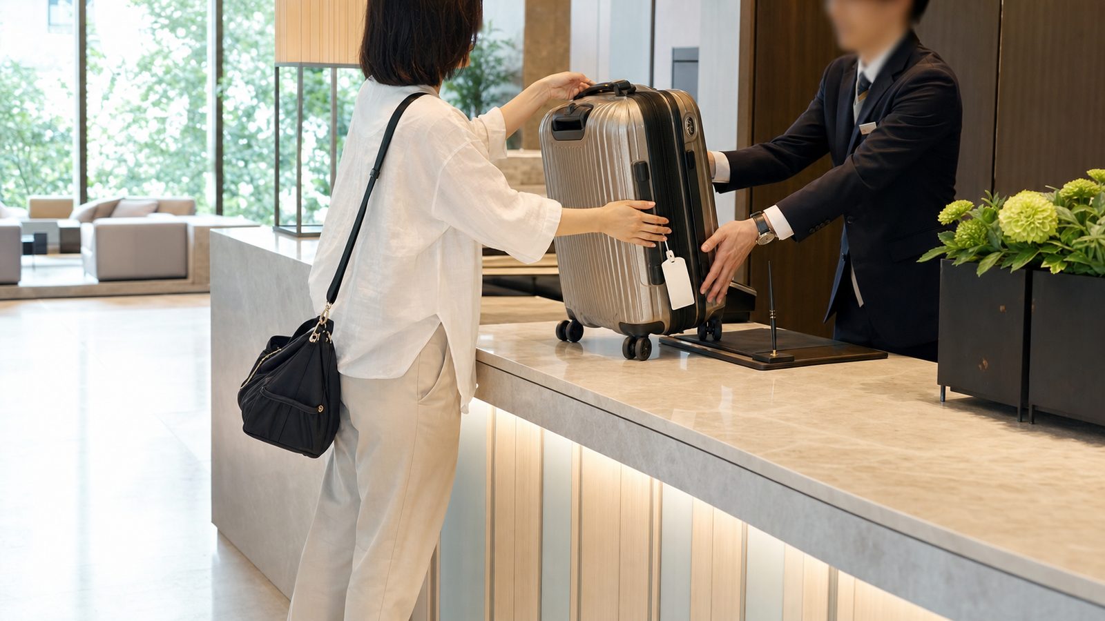 Hotel guest handing a suitcase to a luggage-delivery worker at a staffed Japanese hotel desk