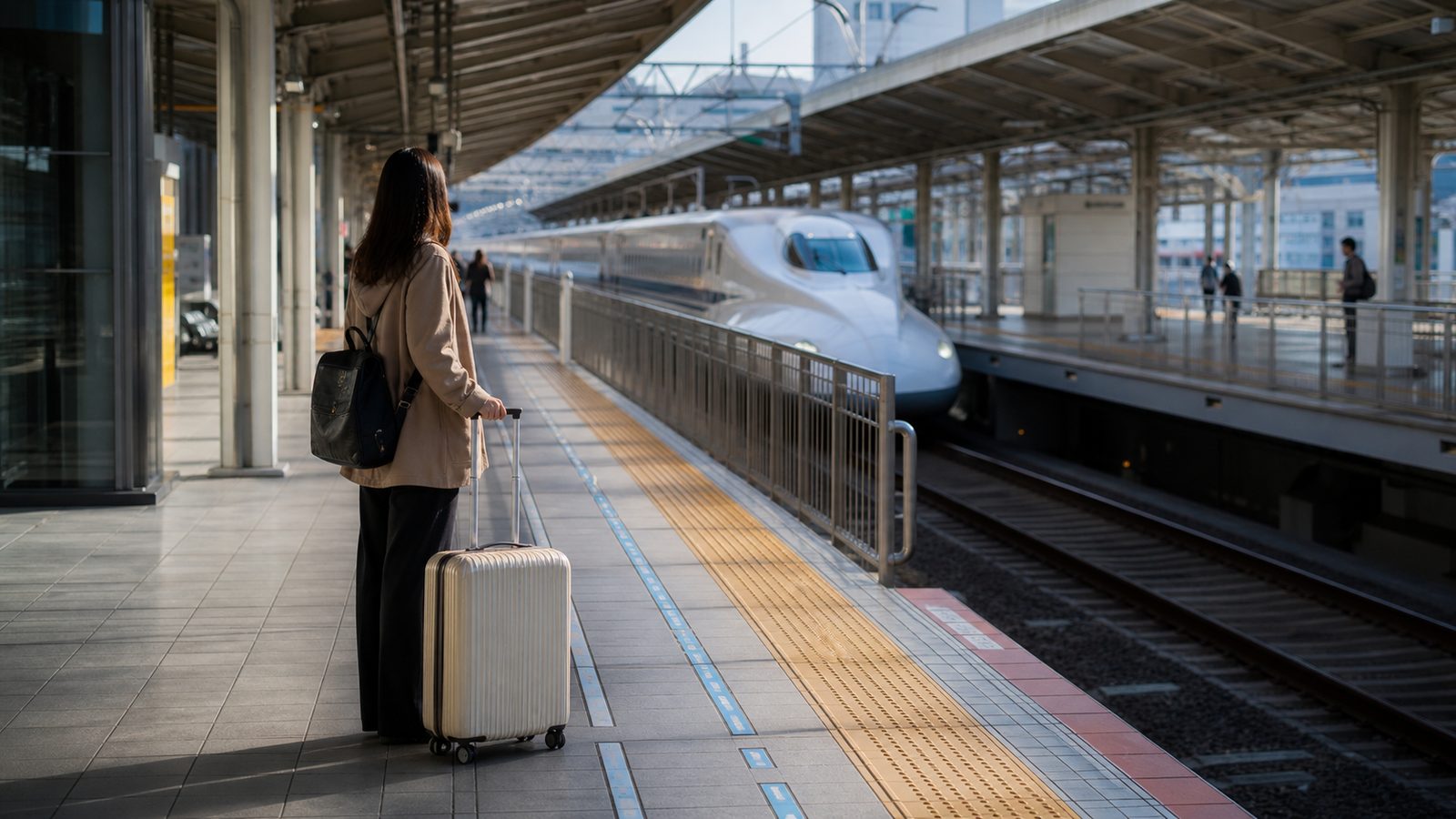 Prepared traveler with suitcase and small day bag waiting early at the correct Shinkansen car position