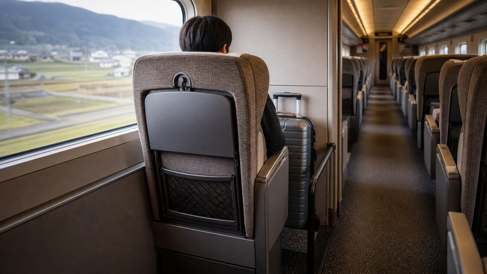 Calm Shinkansen interior with a suitcase stored correctly and a traveler seated by the window