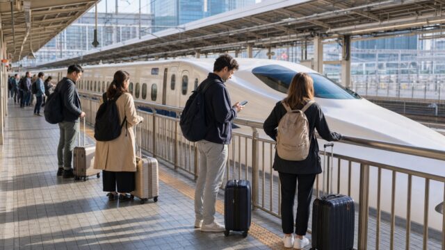 Travelers with luggage waiting beside a Shinkansen platform during Silver Week in Japan