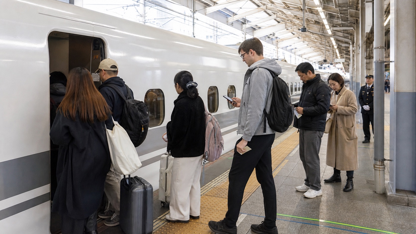 Passengers queuing to board a reserved-seat Shinkansen train