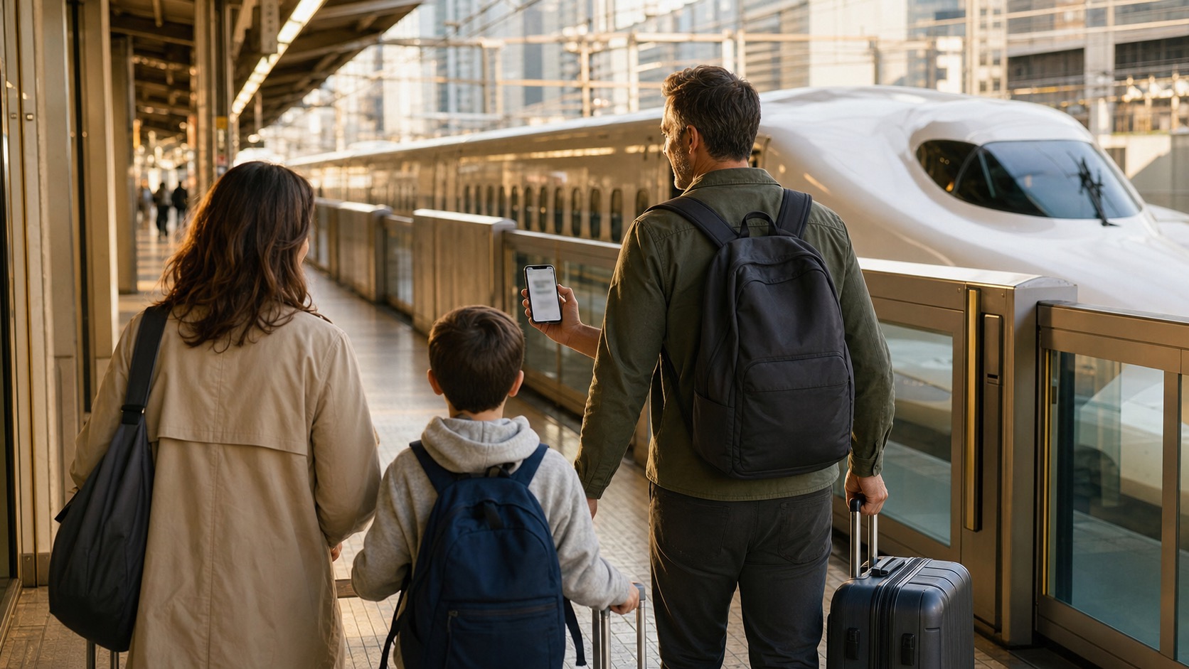 Family approaching a Shinkansen after confirming their seat reservation