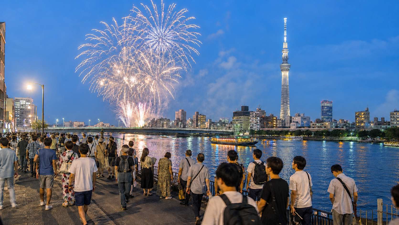 Sumida River fireworks with Tokyo Skytree and a moving riverside crowd