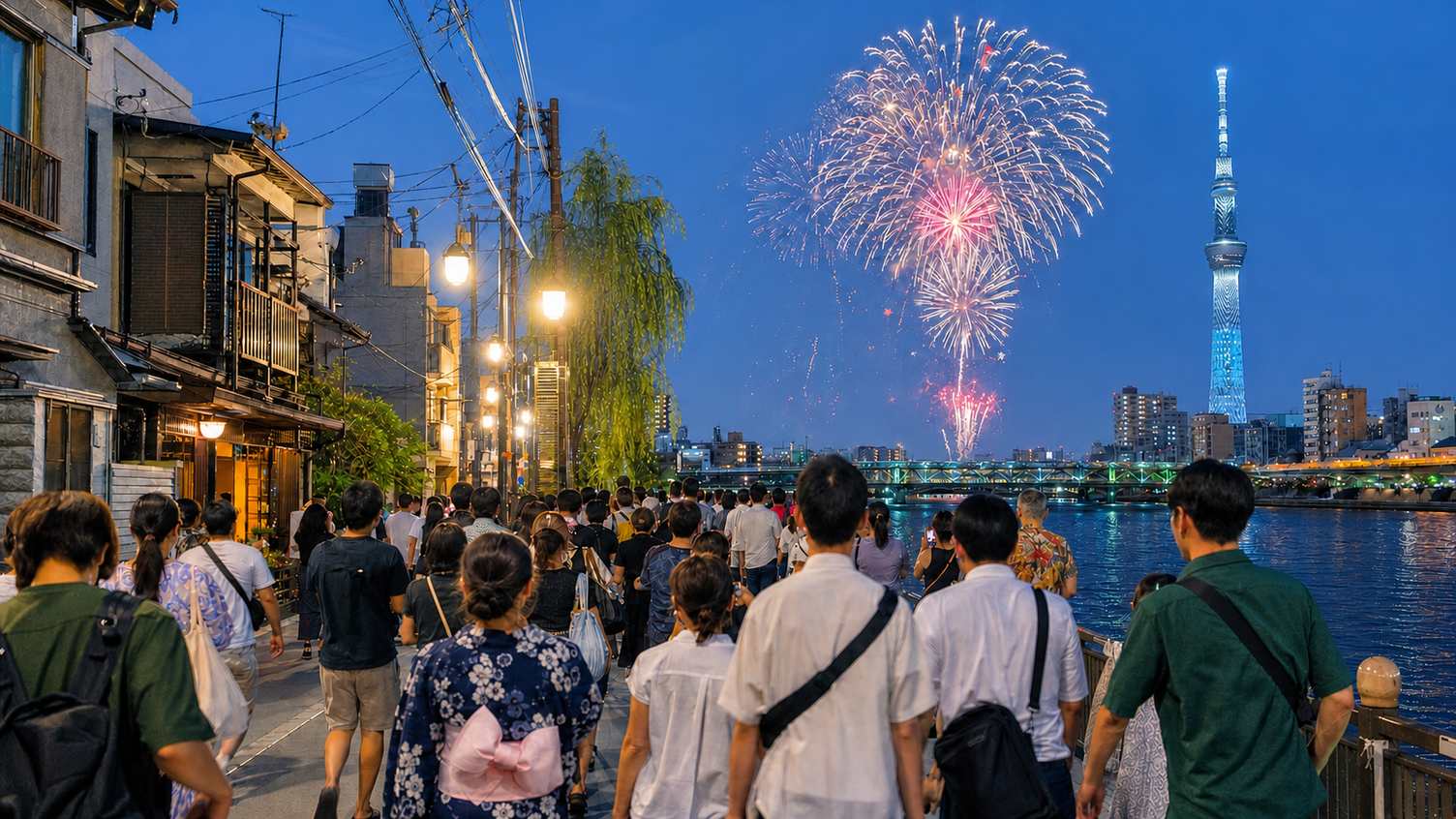 Visitors walking beside the Sumida River during the First Venue fireworks