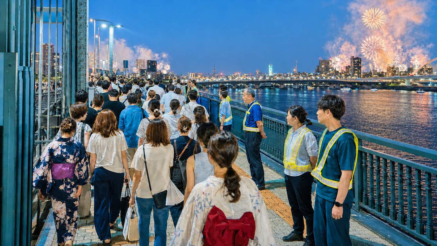 One-way pedestrian flow guided by event staff beside the Sumida River