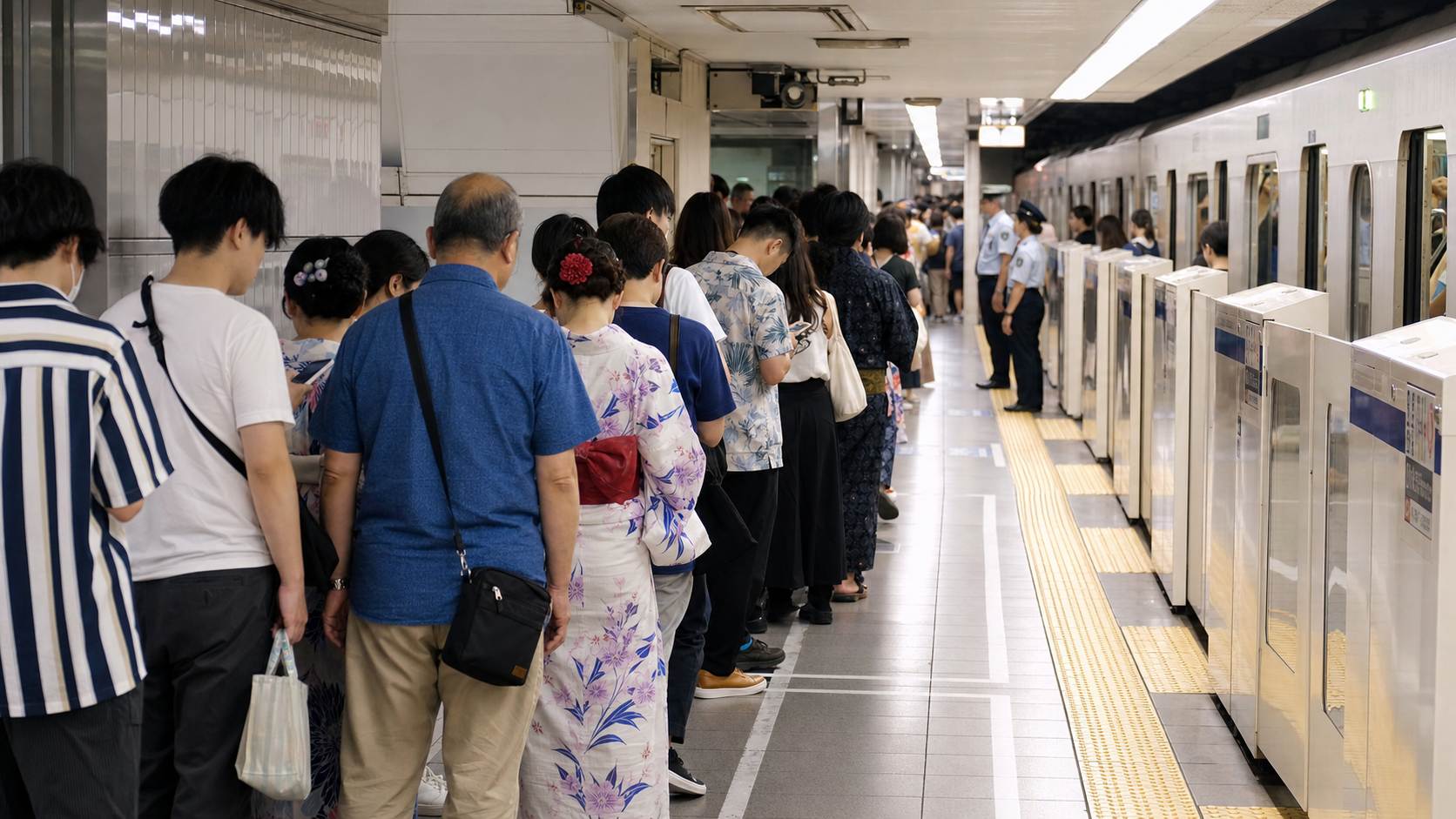 Orderly queue on a busy Tokyo subway platform after a fireworks festival