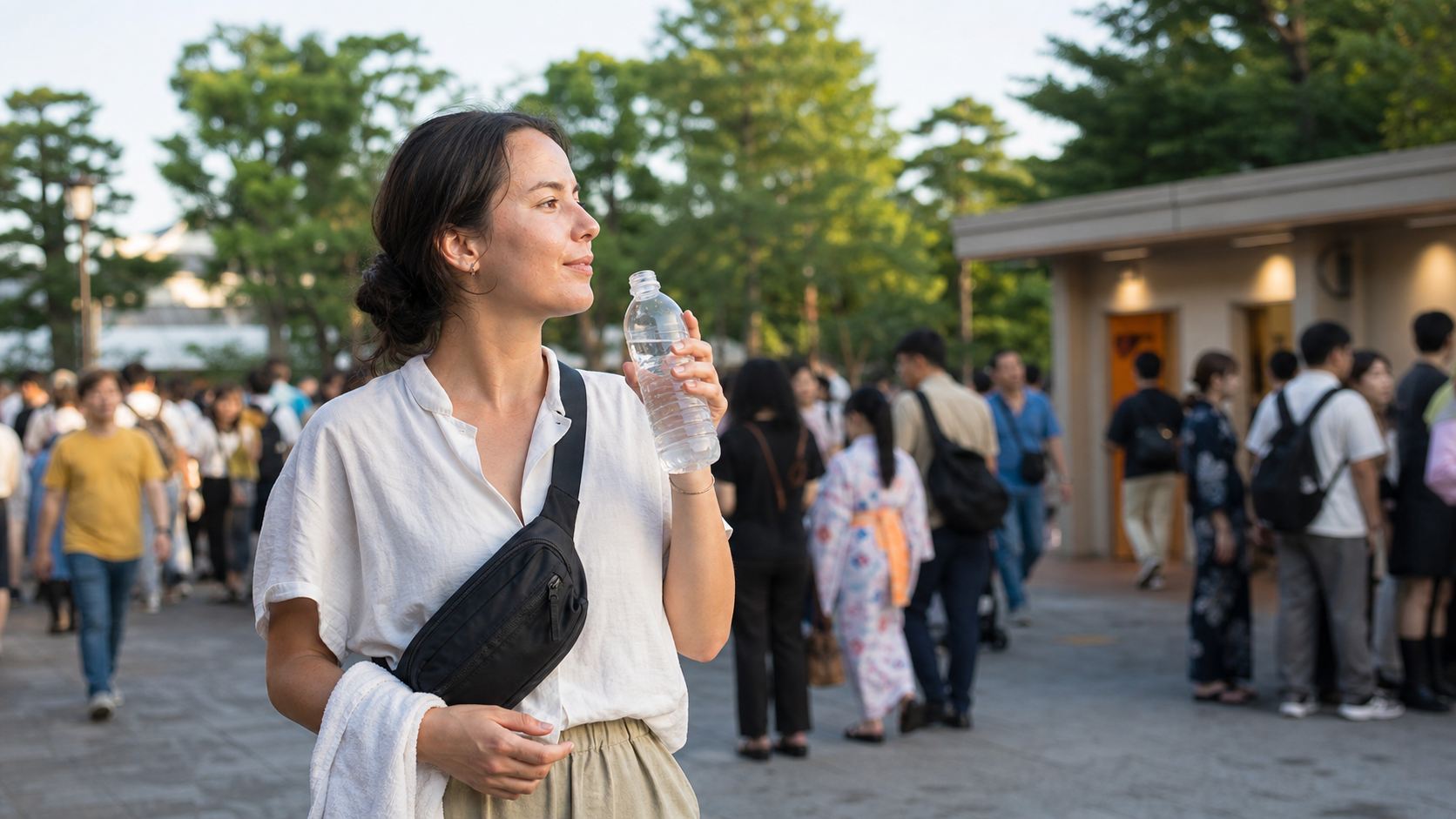 Traveler drinking water before entering a summer festival crowd in Tokyo