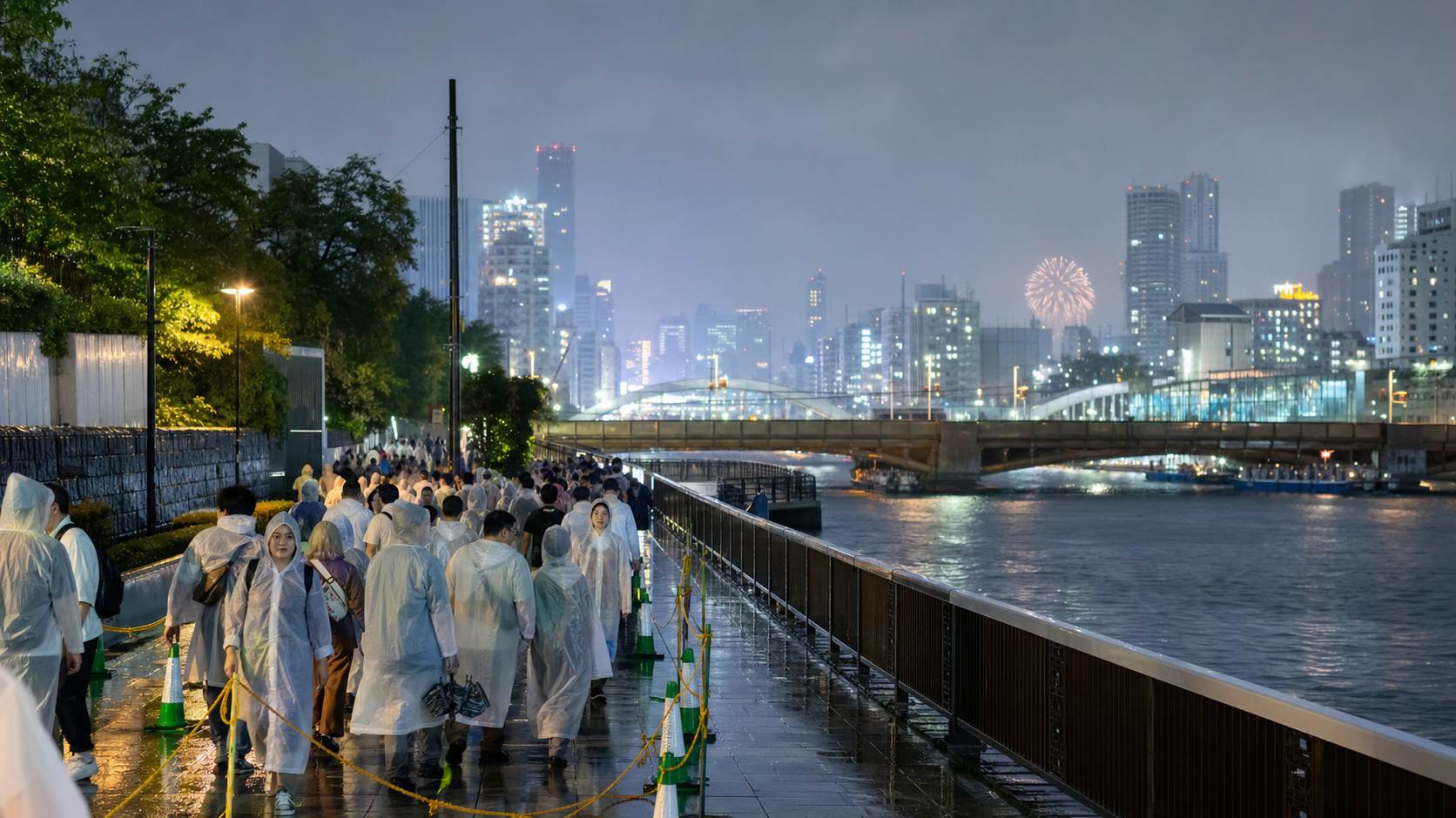 Visitors in raincoats walking beside the Sumida River in light rain