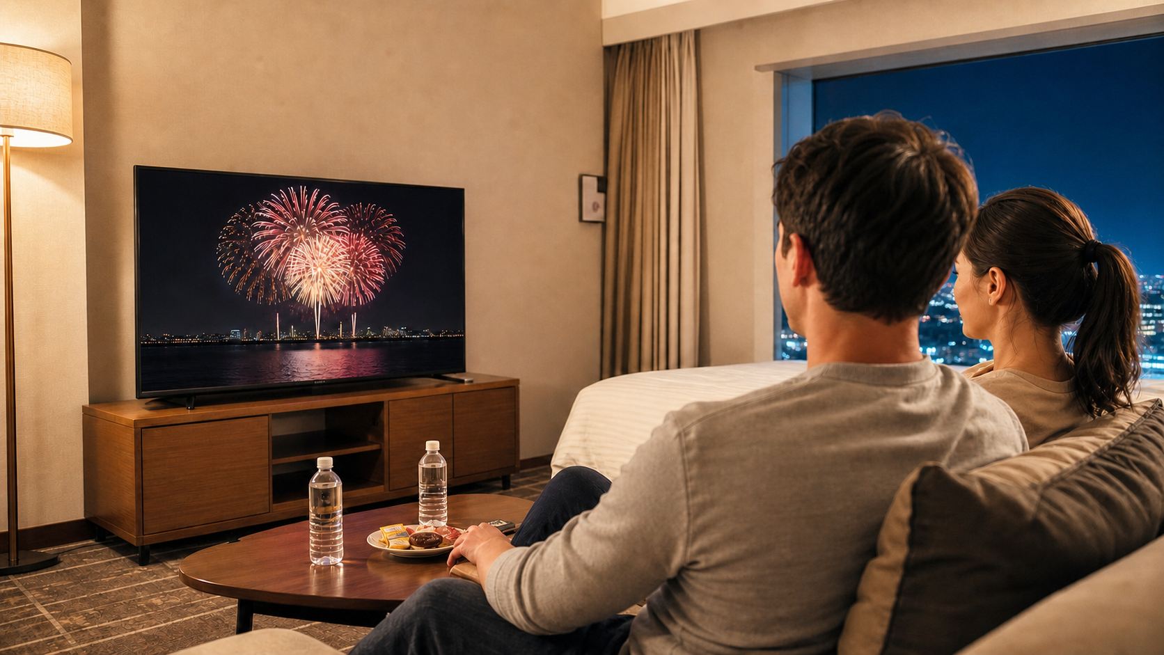 Travelers watching a fireworks broadcast from a Tokyo hotel room