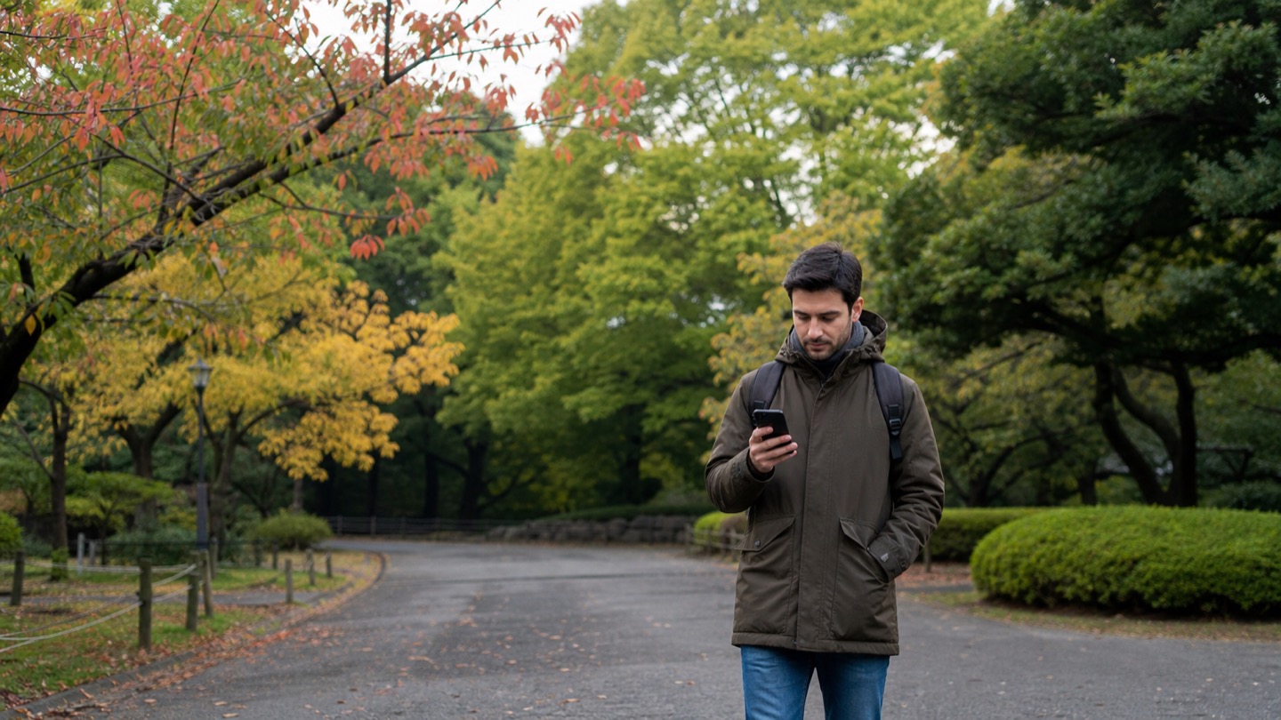 Traveler checking foliage conditions in a mostly green Tokyo park in late October