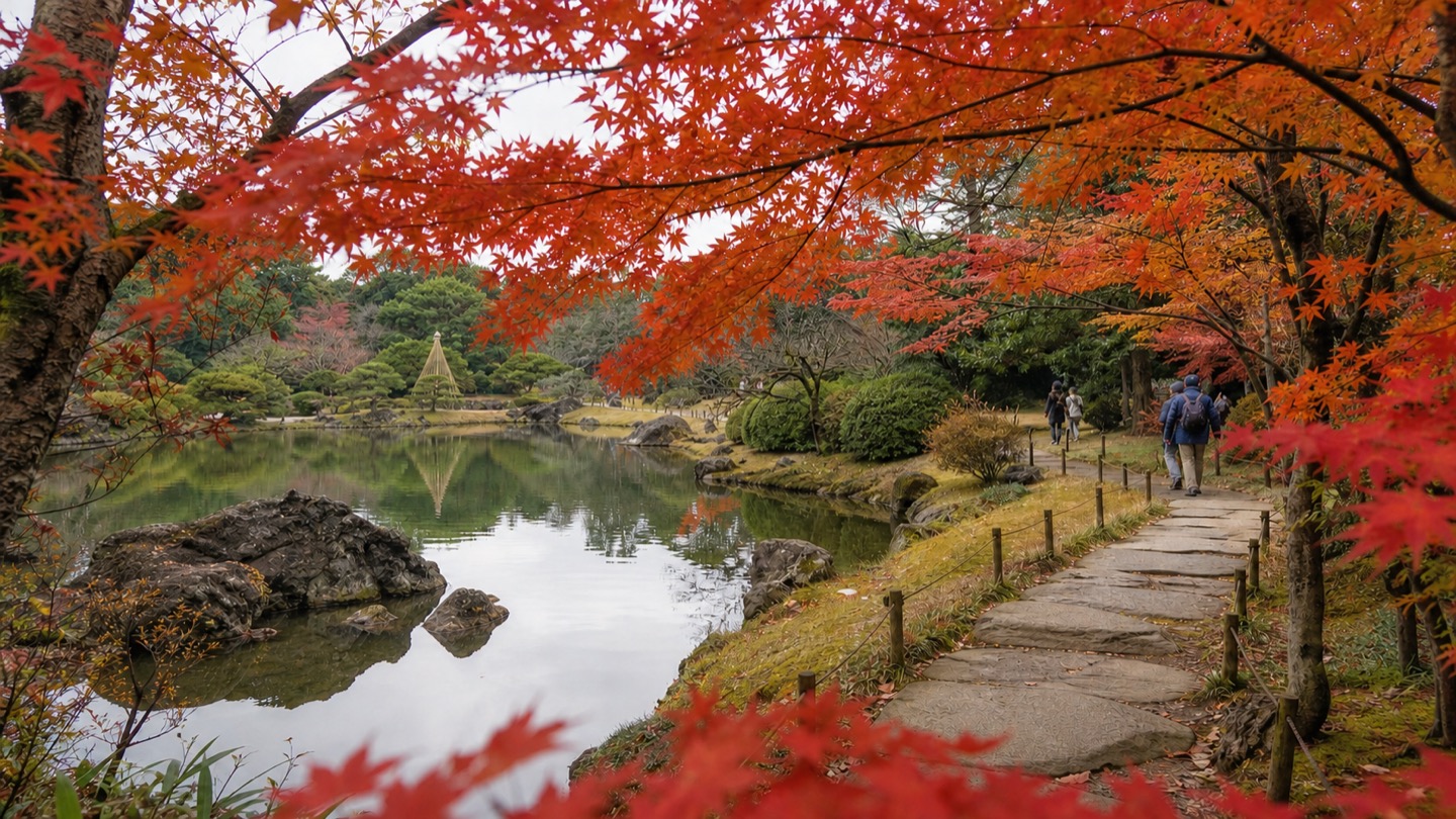 Crimson maple canopy and pond in a traditional Rikugien-style autumn garden