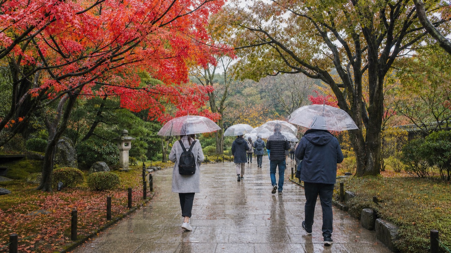 Visitors using transparent umbrellas on a paved path in a rainy Tokyo autumn garden