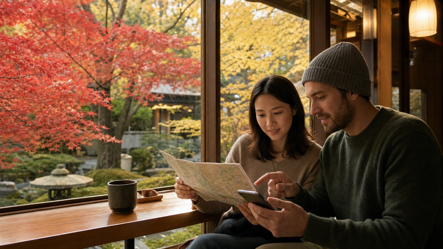 Two travelers reviewing a Tokyo autumn day plan beside a garden window