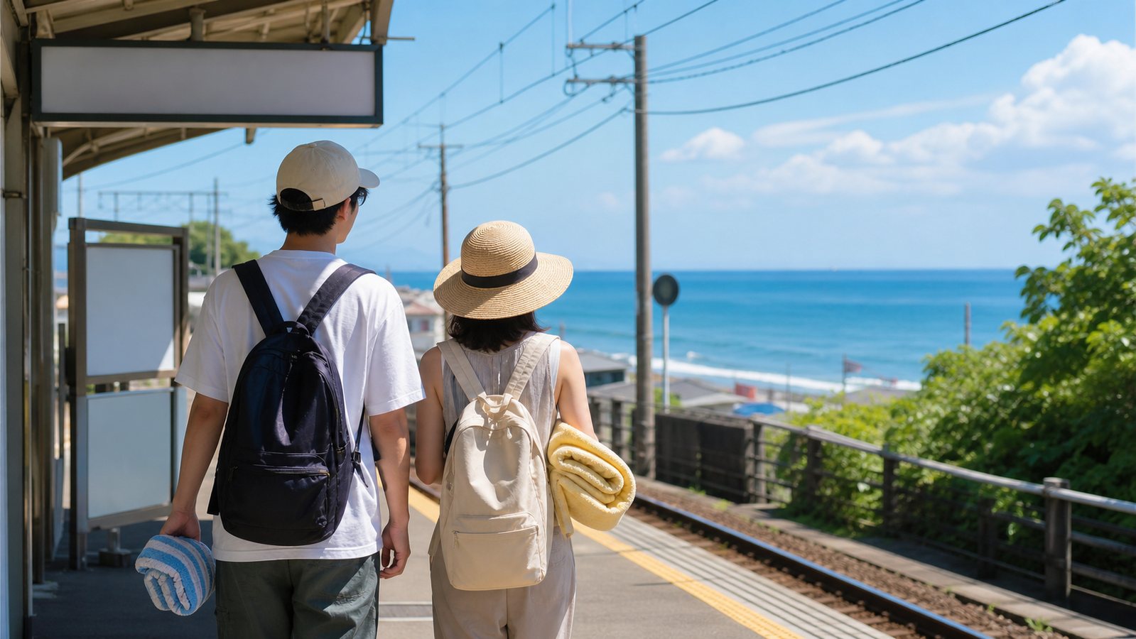Travelers approaching the Shonan coast by train