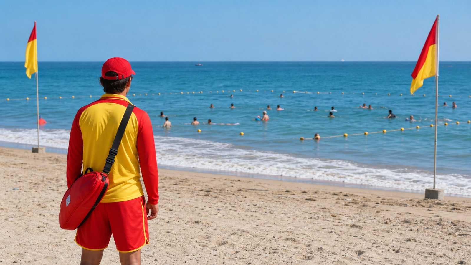 Lifeguard and swimming safety flags on a Japanese beach
