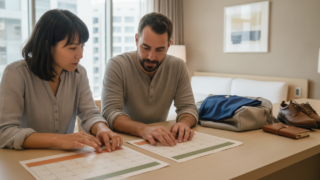 International travelers checking two blank autumn calendars and a costume packing list in a Tokyo hotel