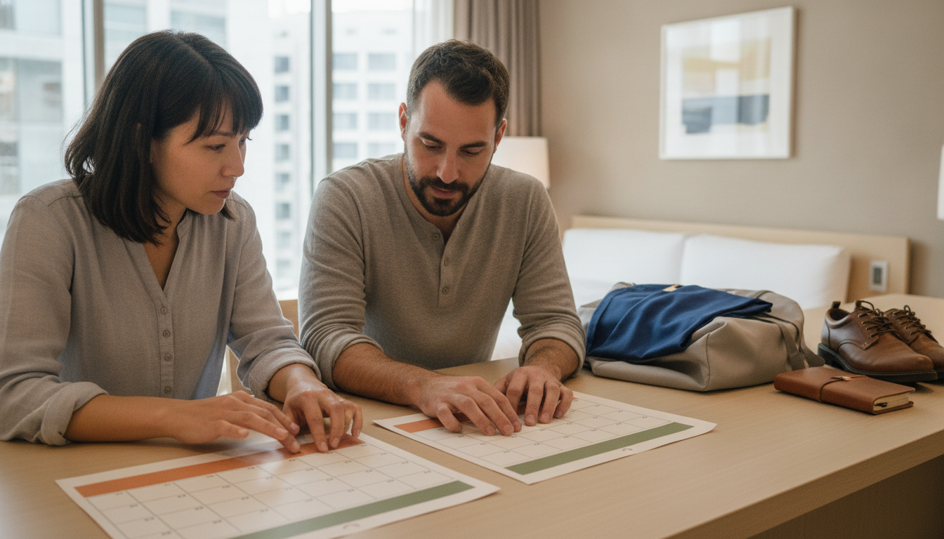 International travelers checking two blank autumn calendars and a costume packing list in a Tokyo hotel