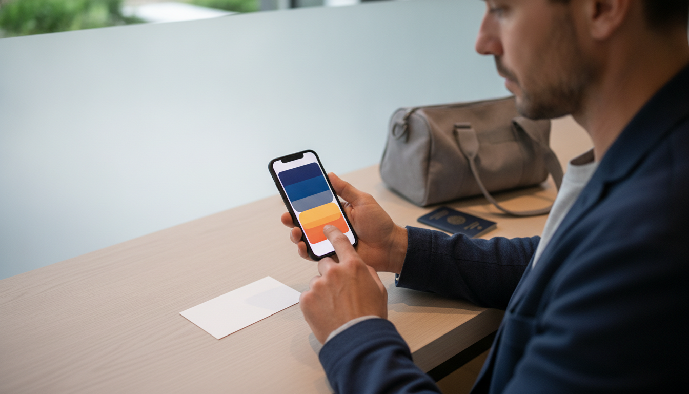 Traveler checking a generic mobile ticket screen beside a separate changing-space note