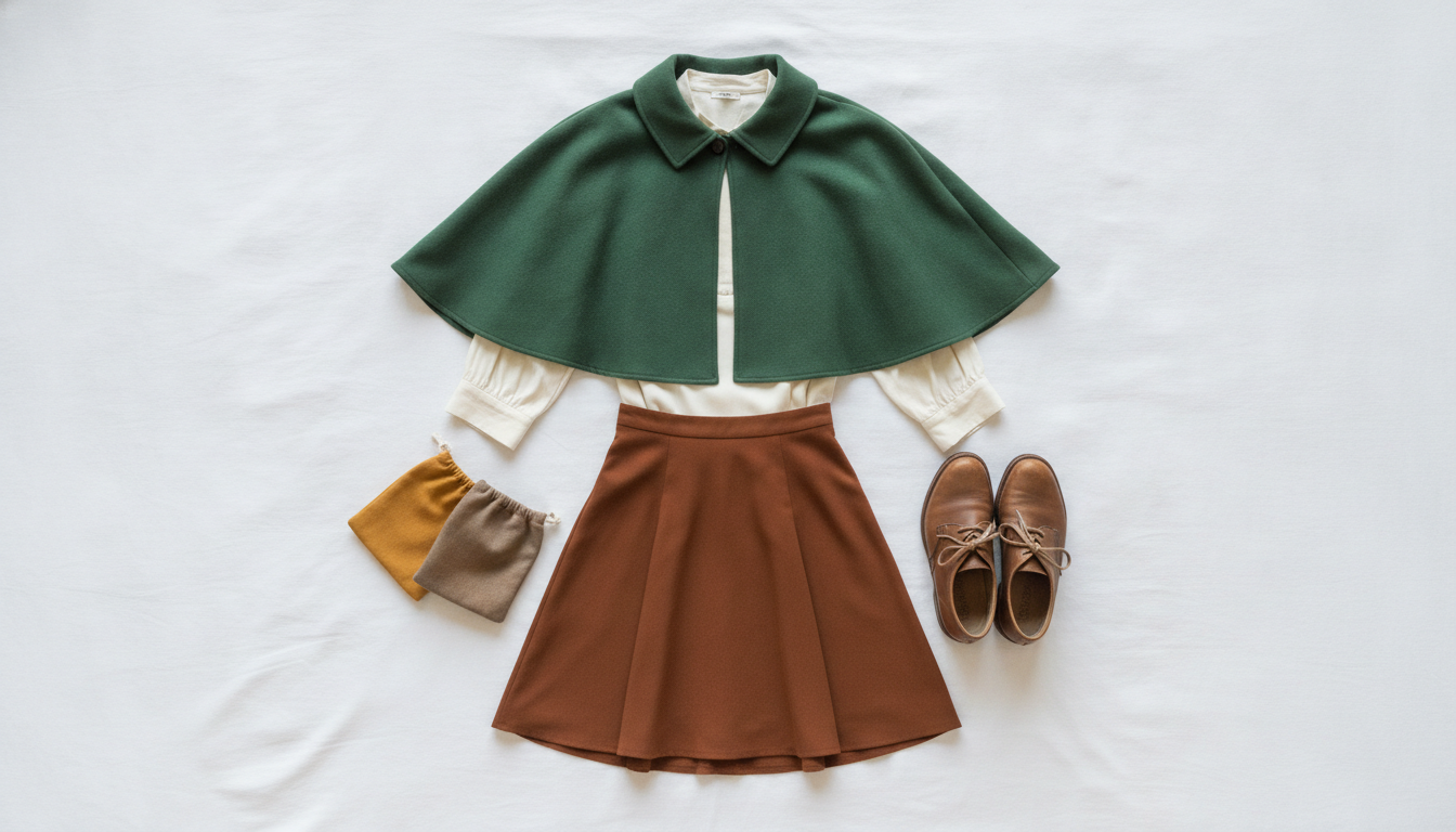 Safe generic fantasy outfit with a short cape, soft accessory and natural makeup kit
