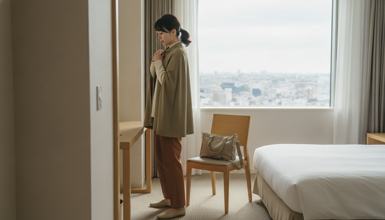 Traveler finishing a safe generic fantasy-inspired outfit in a Tokyo hotel room