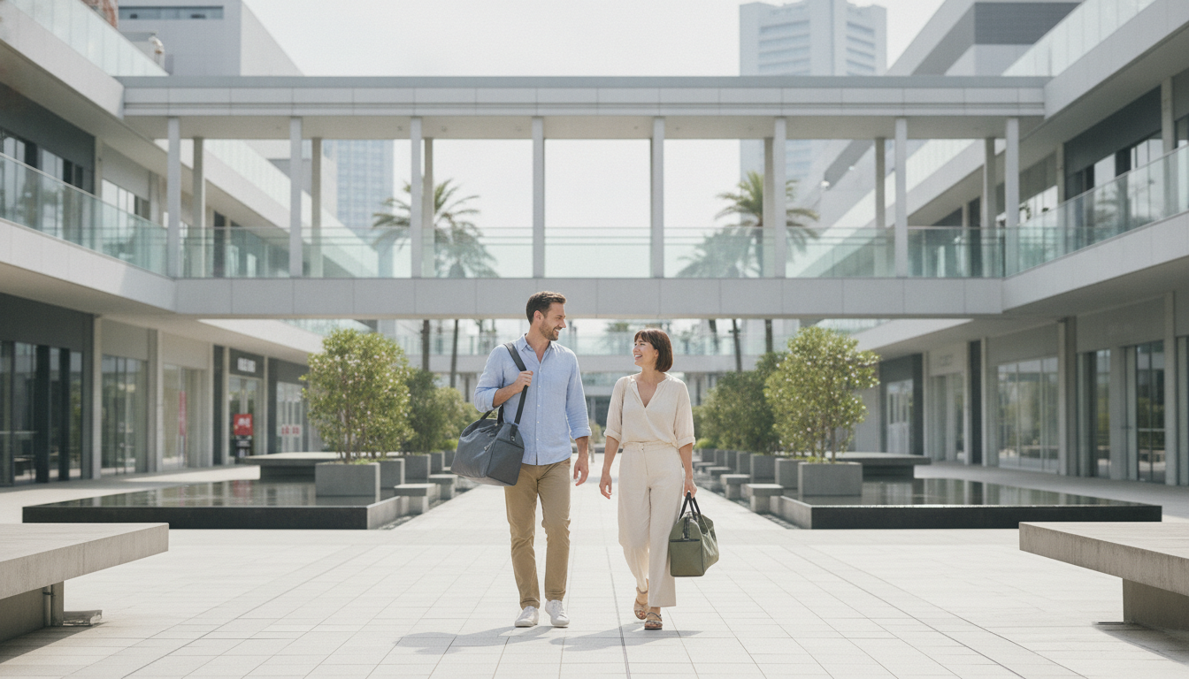 Travelers carrying compact garment bags near a modern Maihama shopping complex