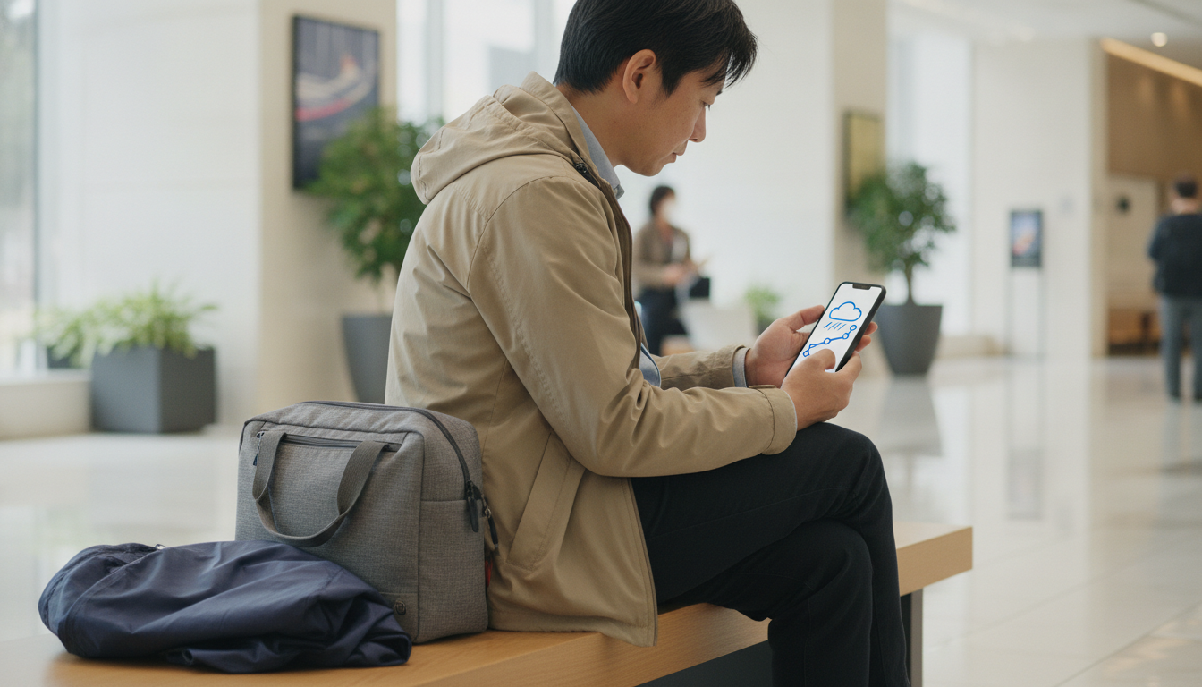Traveler checking abstract rain and rail information beside a compact soft bag