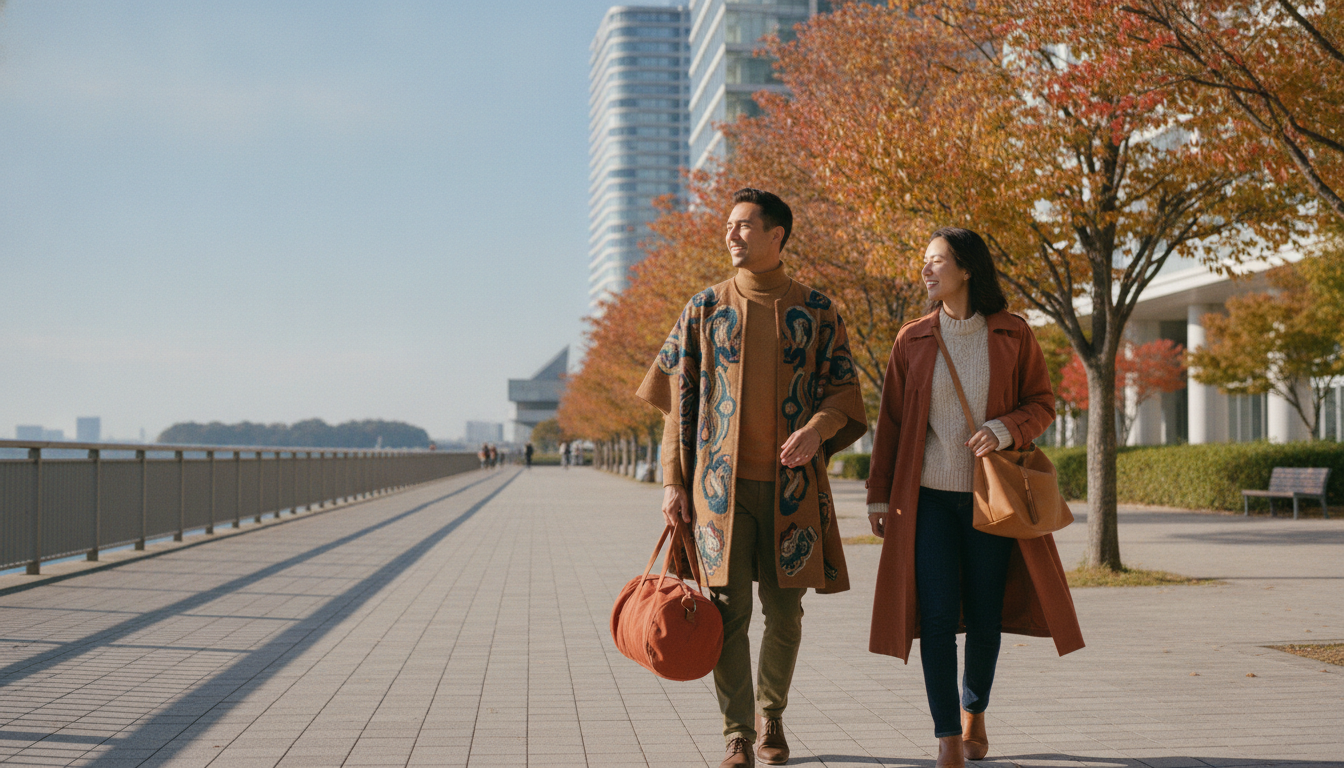 Two visitors in safe generic autumn outfits walking through the Maihama resort area
