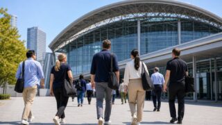 International visitors approaching a large Japanese convention center for a gaming event