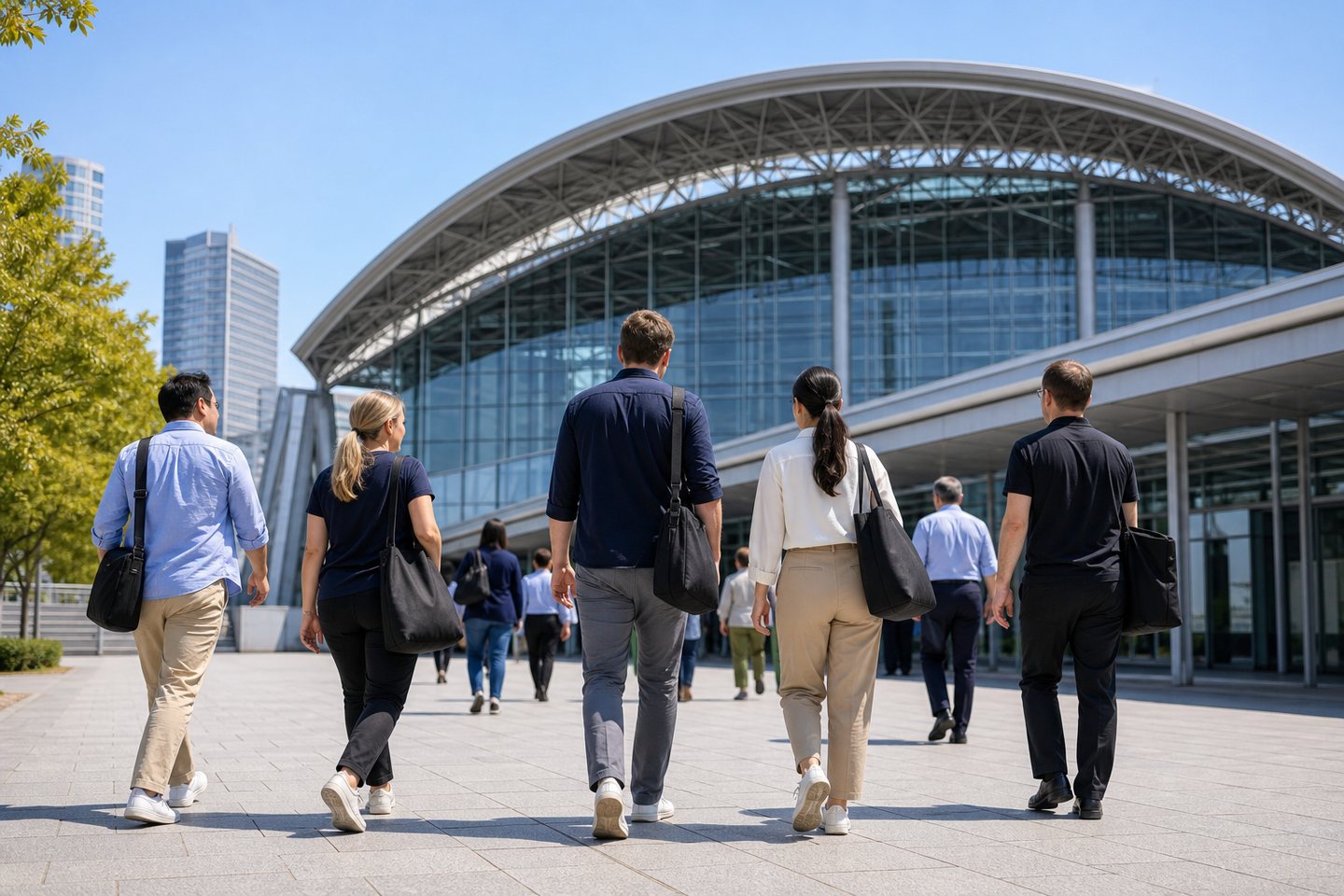 International visitors approaching a large Japanese convention center for a gaming event