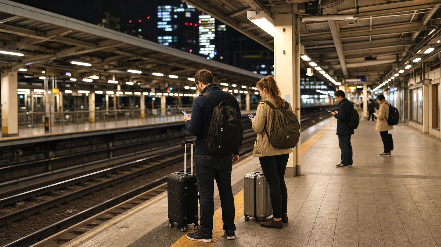 Travelers checking phones on a late-night Tokyo train platform after missing the last train.