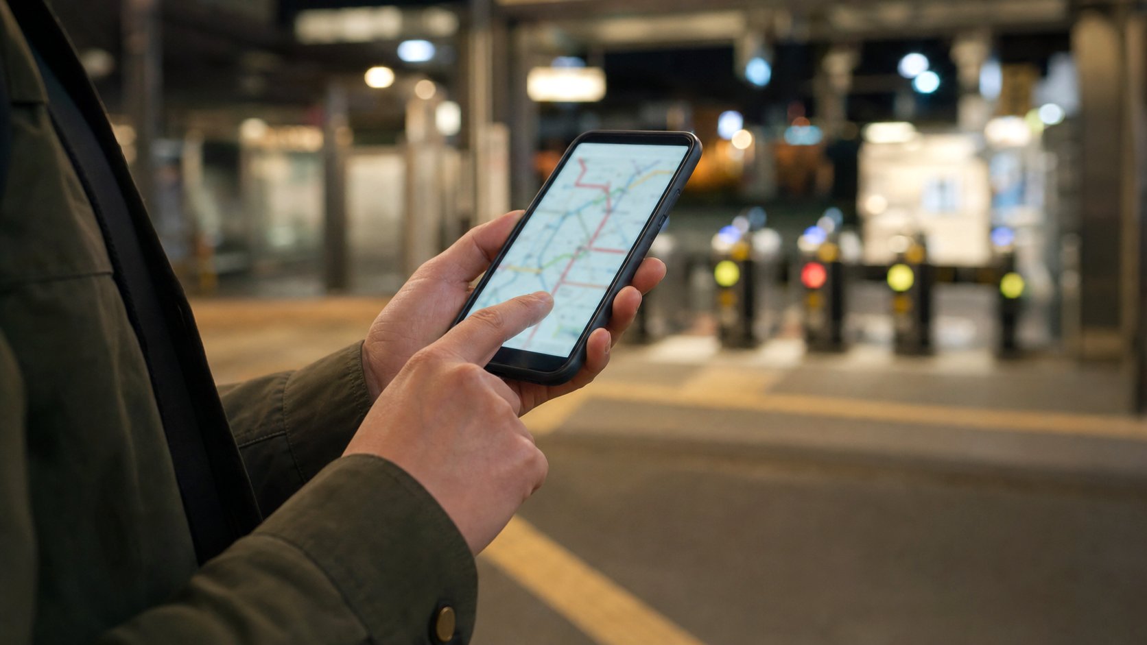 Traveler checking a route app outside a Tokyo station gate late at night.