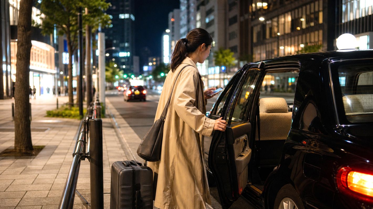 Traveler with luggage entering a taxi on a bright Tokyo street after midnight.
