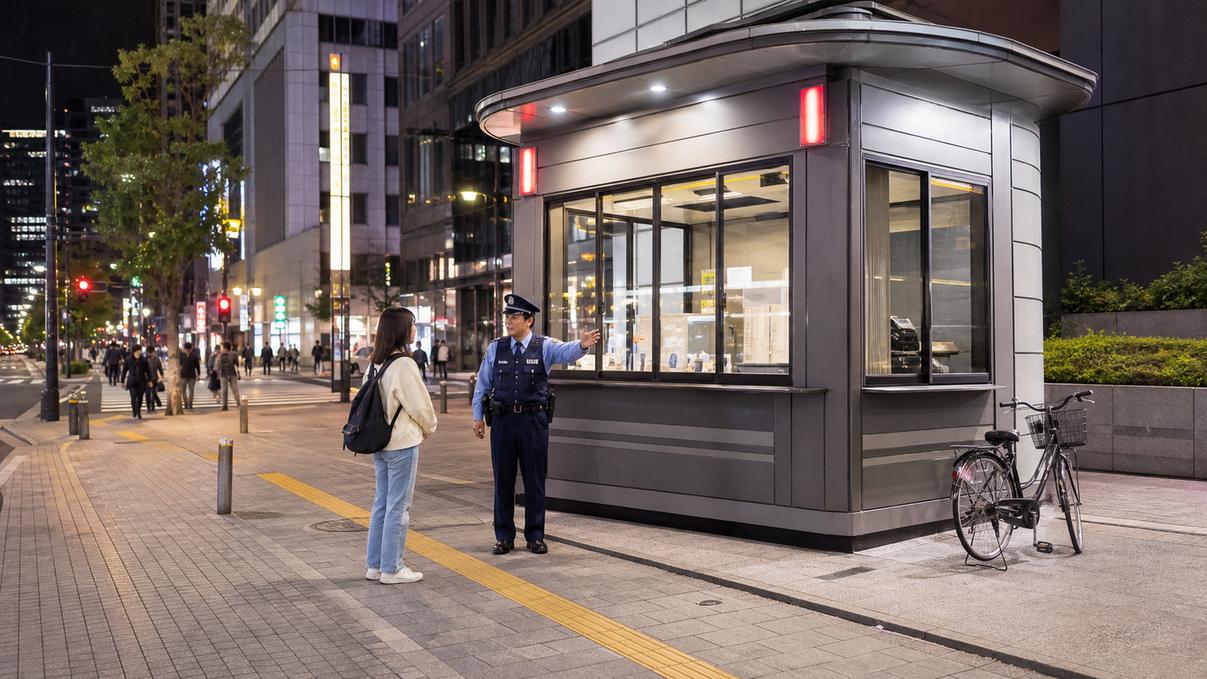 Traveler asking for help near an official late-night safety point in Tokyo.