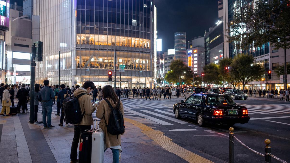 Travelers checking their phones near a bright Shibuya crossing after the last train.