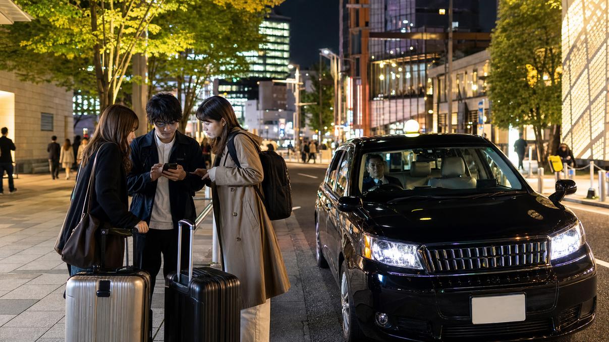 Small group of travelers beside a licensed taxi in Roppongi late at night.