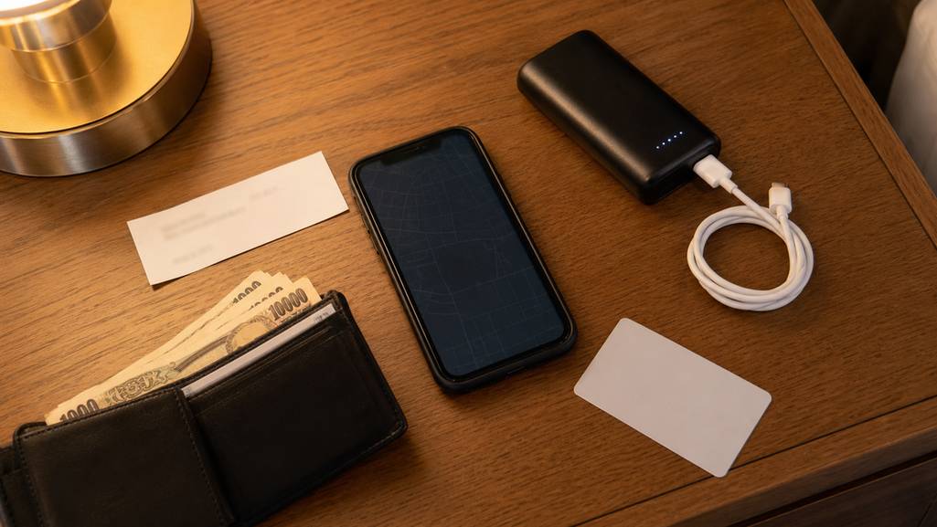 Late-night travel preparation items on a hotel desk.