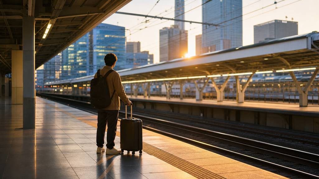 Traveler with suitcase waiting for the first train on a Tokyo platform at dawn.