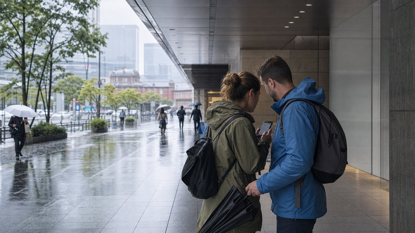 Traveler choosing among science and history museums on a rainy day in Tokyo