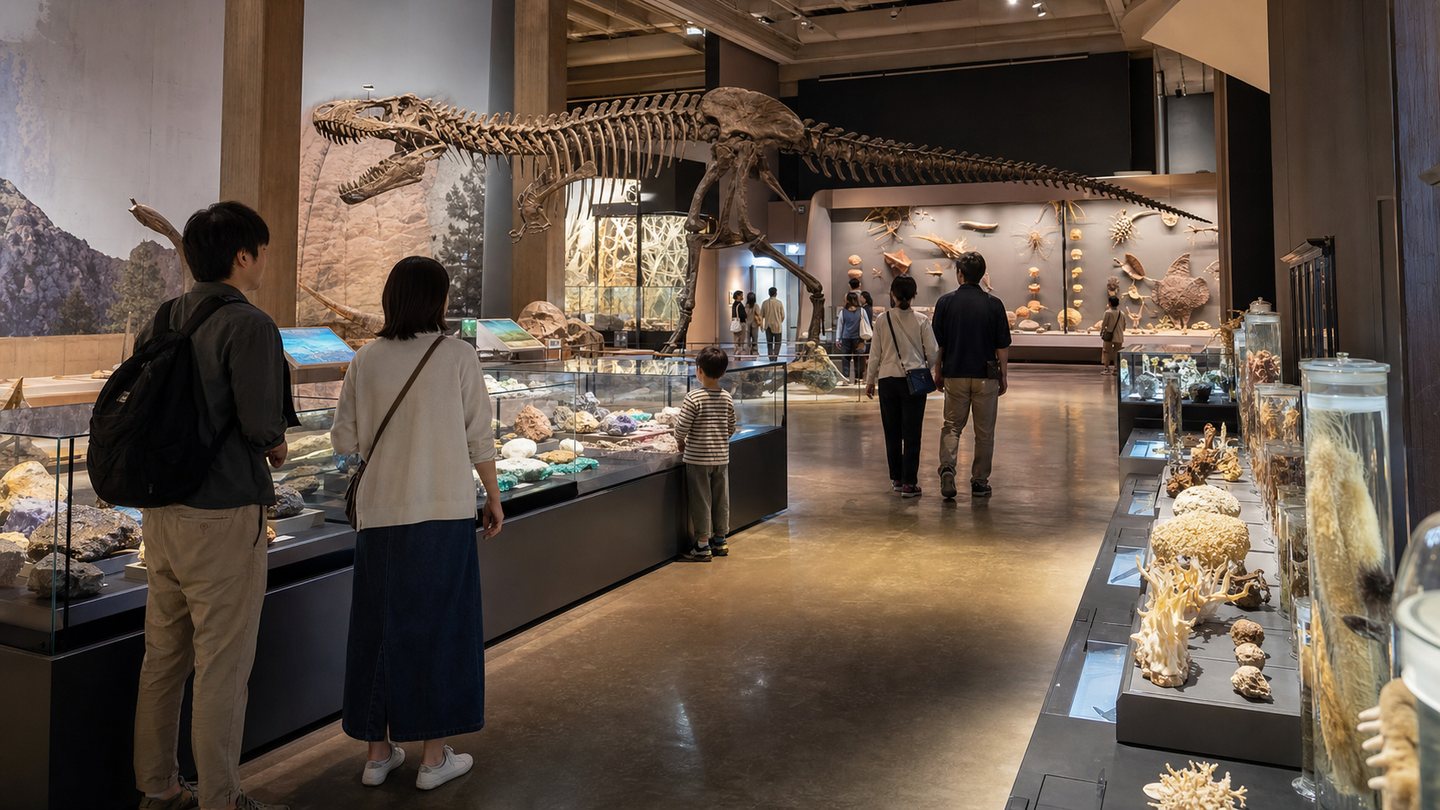 Illustrative natural history museum gallery with a family viewing exhibits