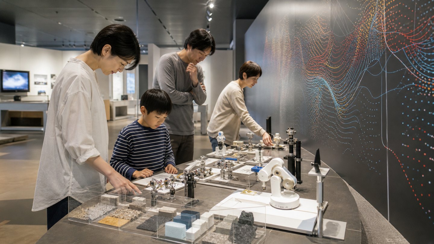 Illustrative future science museum gallery with interactive displays