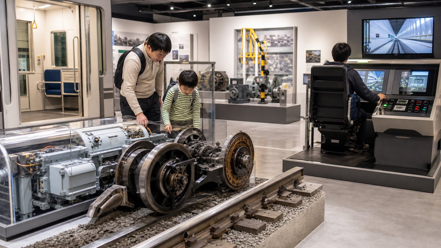 Illustrative subway engineering gallery with a family viewing a train display