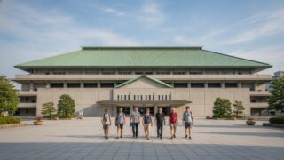 Travelers arriving near a Tokyo sumo arena on a September afternoon
