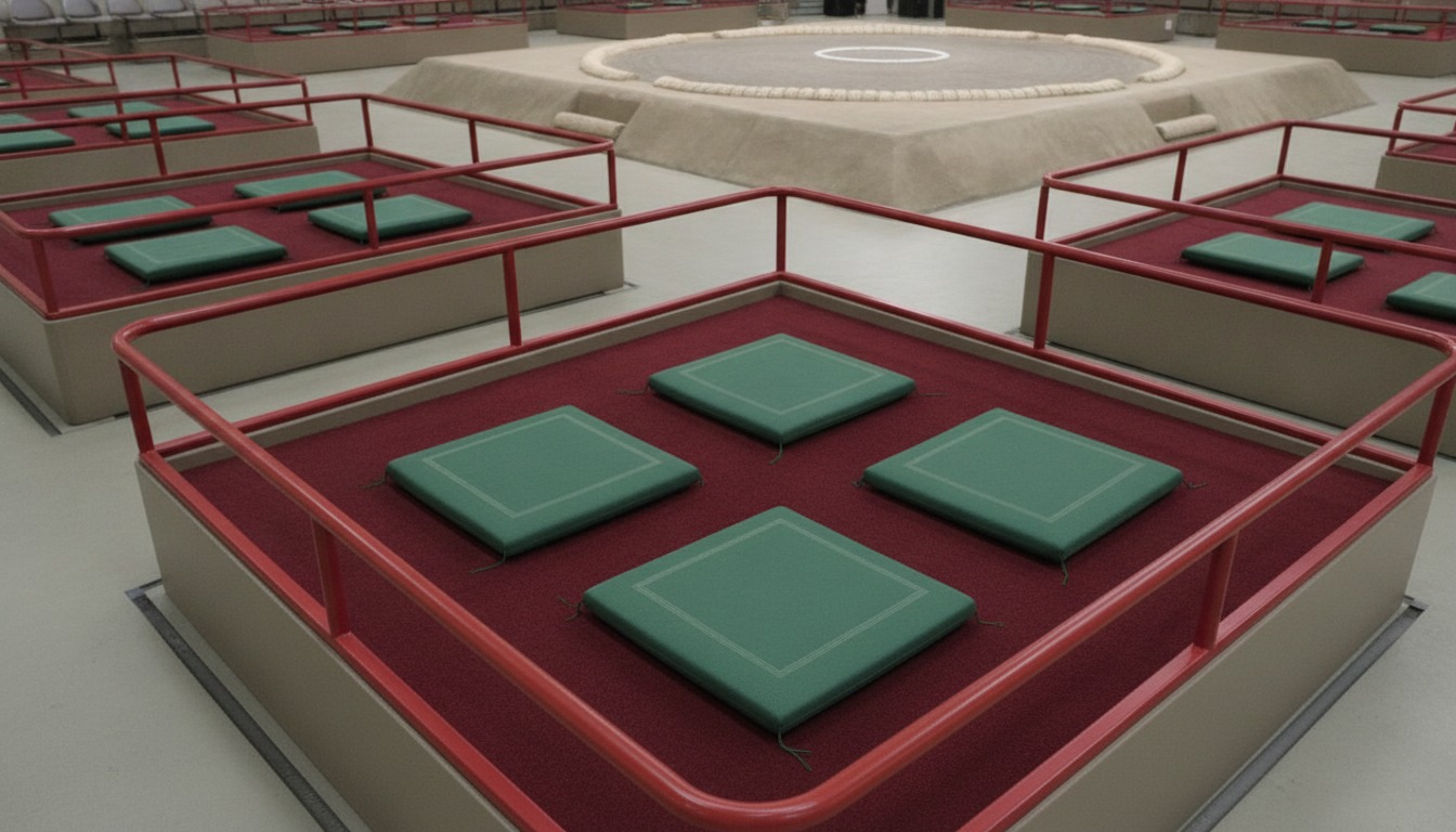 A compact four-person Japanese sumo box seat with floor cushions