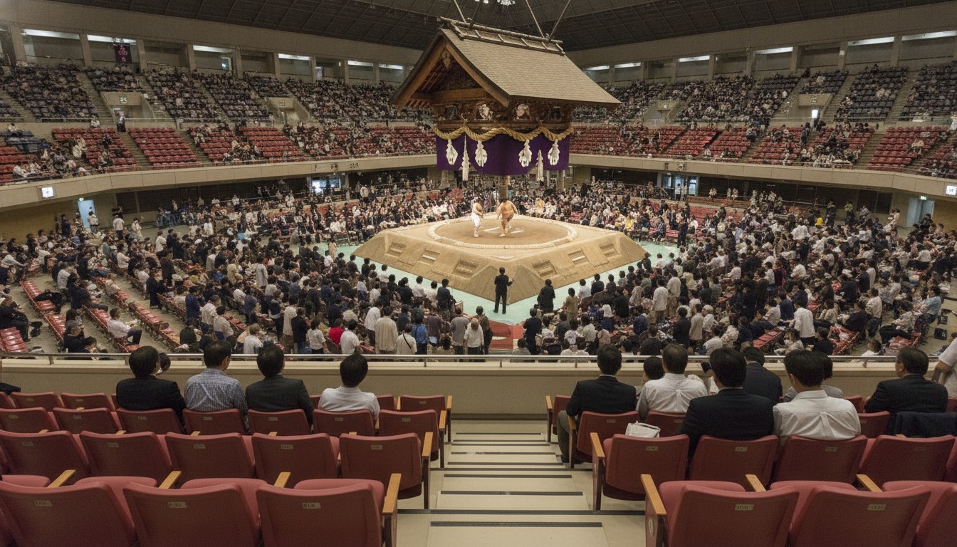 Reserved chair seating overlooking a sumo ring in a Tokyo arena