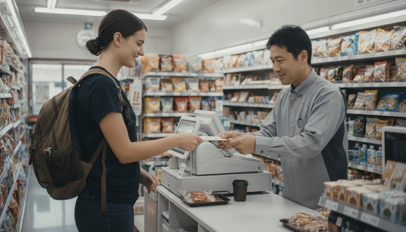 A traveler collecting a paper event ticket at a Japanese convenience-store counter