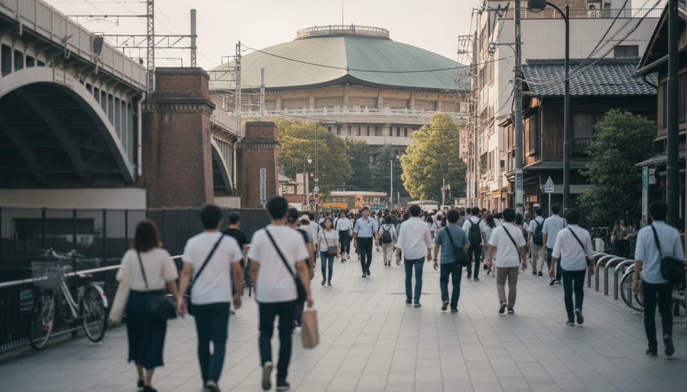 Visitors walking from Ryogoku station toward the sumo arena