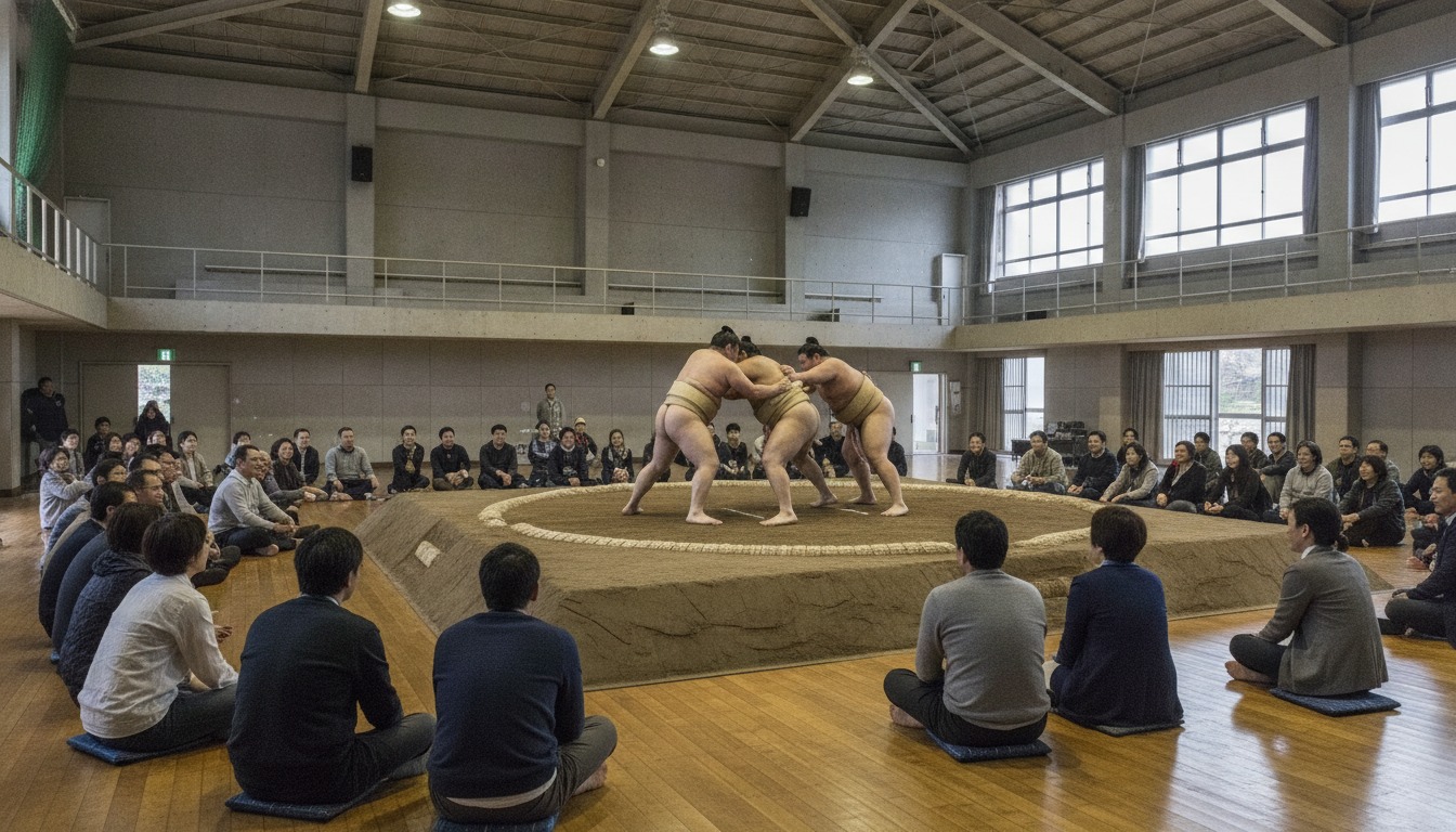 A regional Japanese sumo exhibition in a smaller indoor arena
