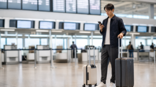 Traveler comparing domestic flight baggage options in a modern Japanese airport