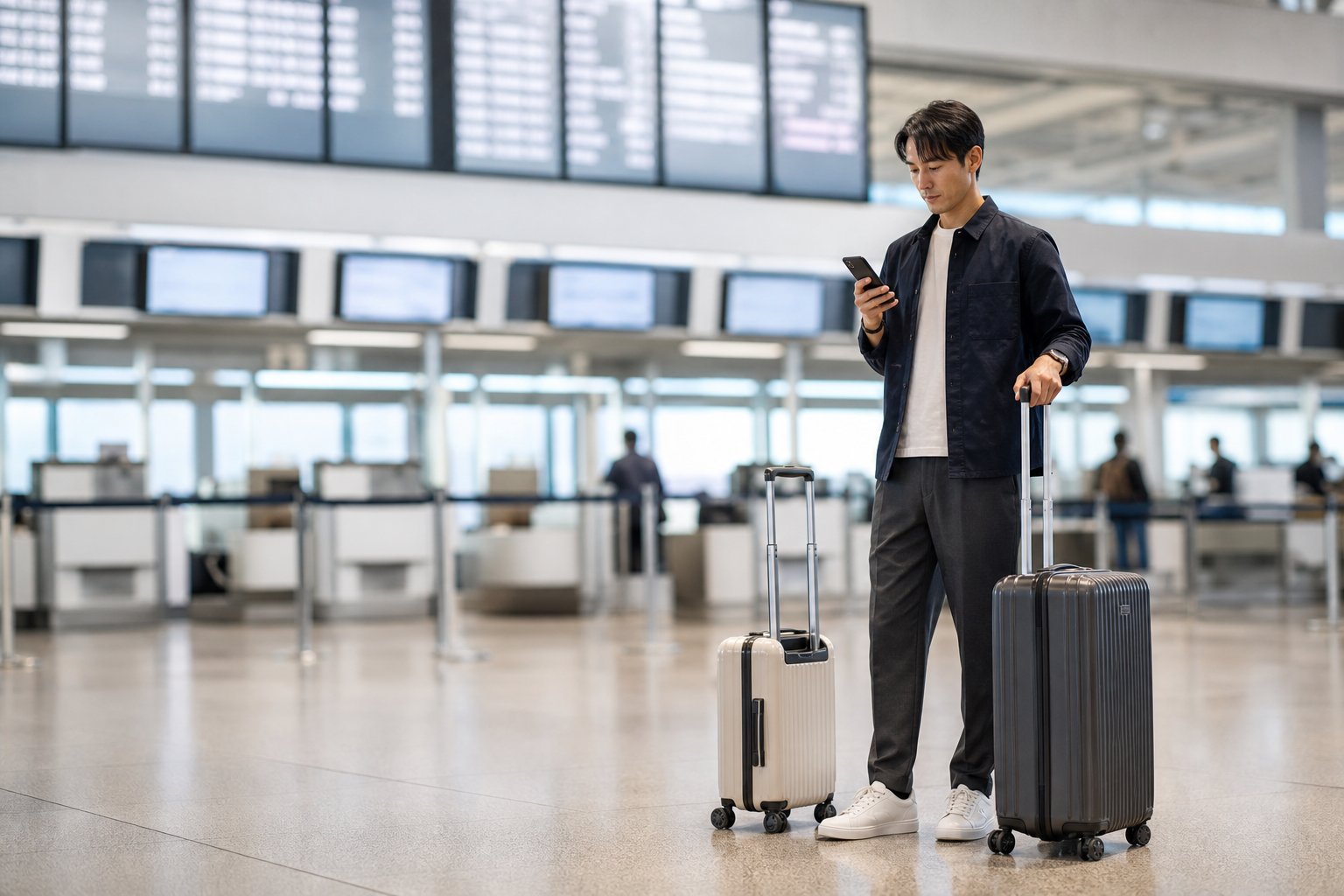 Traveler comparing domestic flight baggage options in a modern Japanese airport